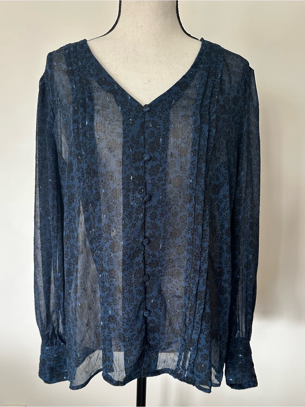Suzy Shier Sheer Floral Whimsigoth V Neck Blouse Navy Button Down Mesh Top L